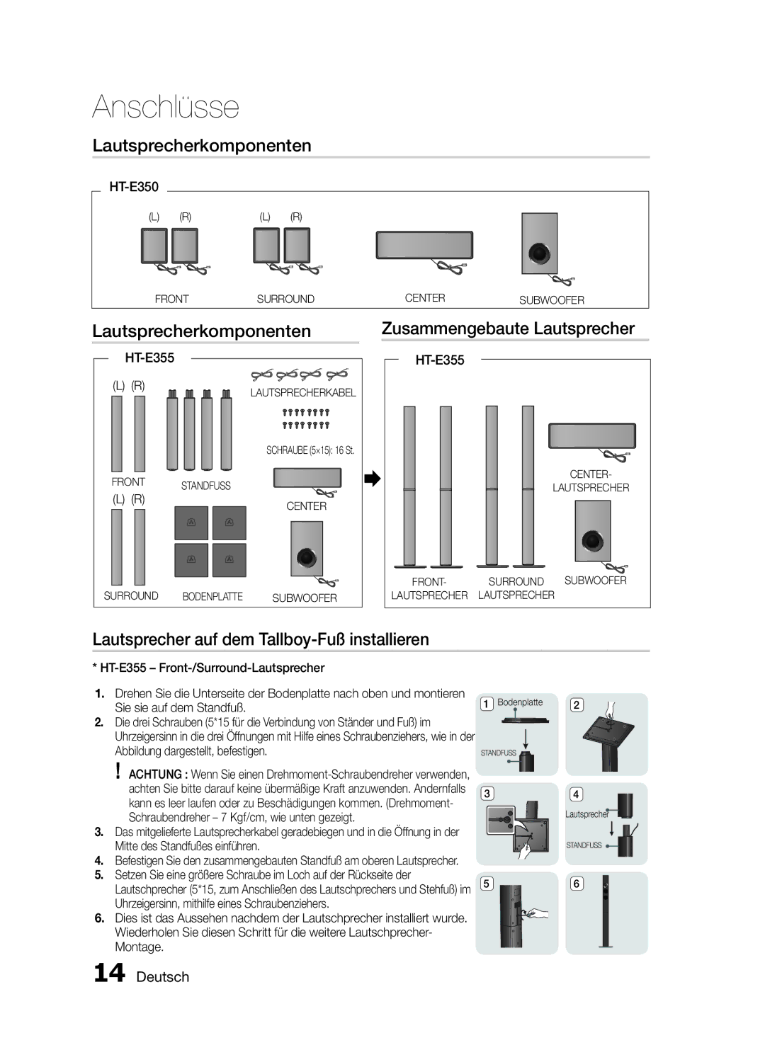 Samsung HT-E350K/UM manual Lautsprecherkomponenten, Lautsprecher auf dem Tallboy-Fuß installieren, Schraube 5×15 16 St 