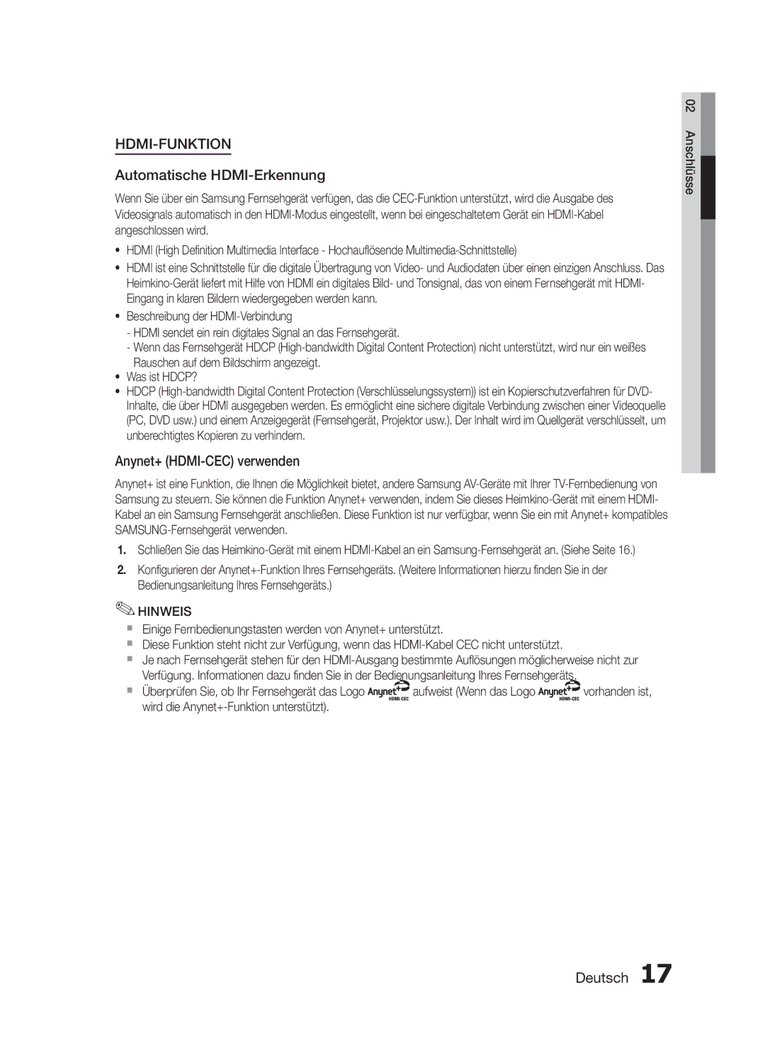 Samsung HT-E355/EN manual Automatische HDMI-Erkennung, Anynet+ HDMI-CEC verwenden, Wird die Anynet+-Funktion unterstützt 