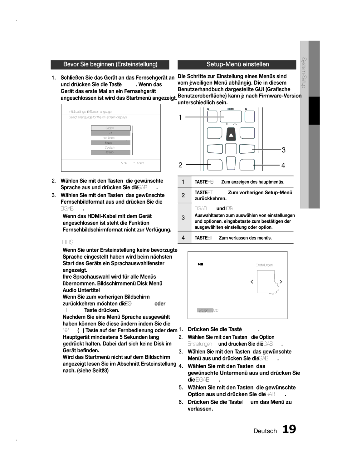 Samsung HT-E350/ZF, HT-E355/EN, HT-E350/XN, HT-E350/TK Bevor Sie beginnen Ersteinstellung, Setup-Menü einstellen, Eingabe 