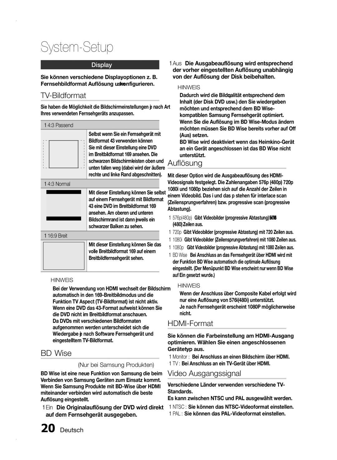 Samsung HT-E355/EN, HT-E350/XN, HT-E350/TK manual System-Setup, TV-Bildformat, Auflösung, HDMI-Format, Video Ausgangssignal 