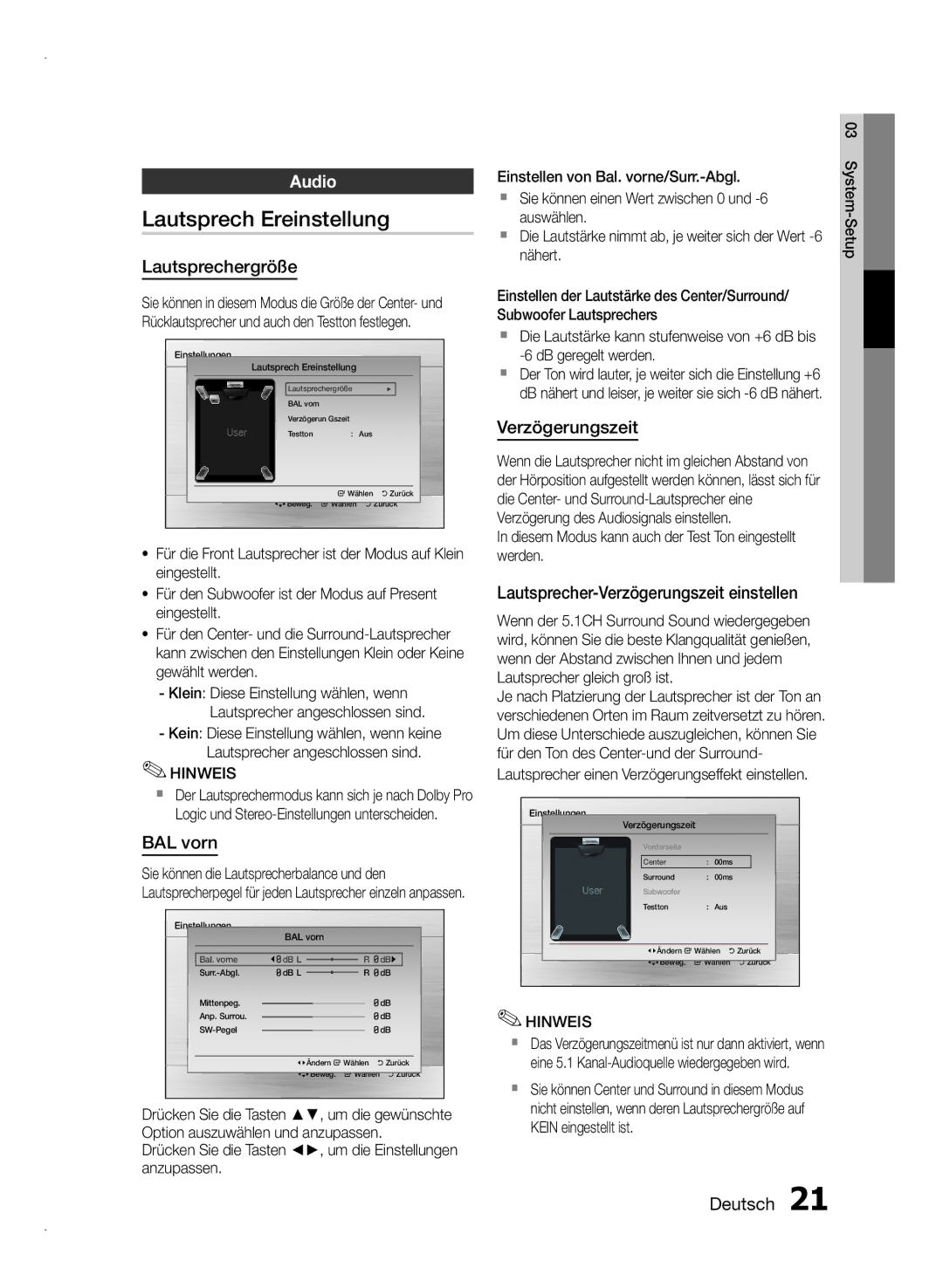 Samsung HT-E350/XN, HT-E355/EN, HT-E350/TK manual Lautsprech Ereinstellung, Lautsprechergröße, BAL vorn, Verzögerungszeit 