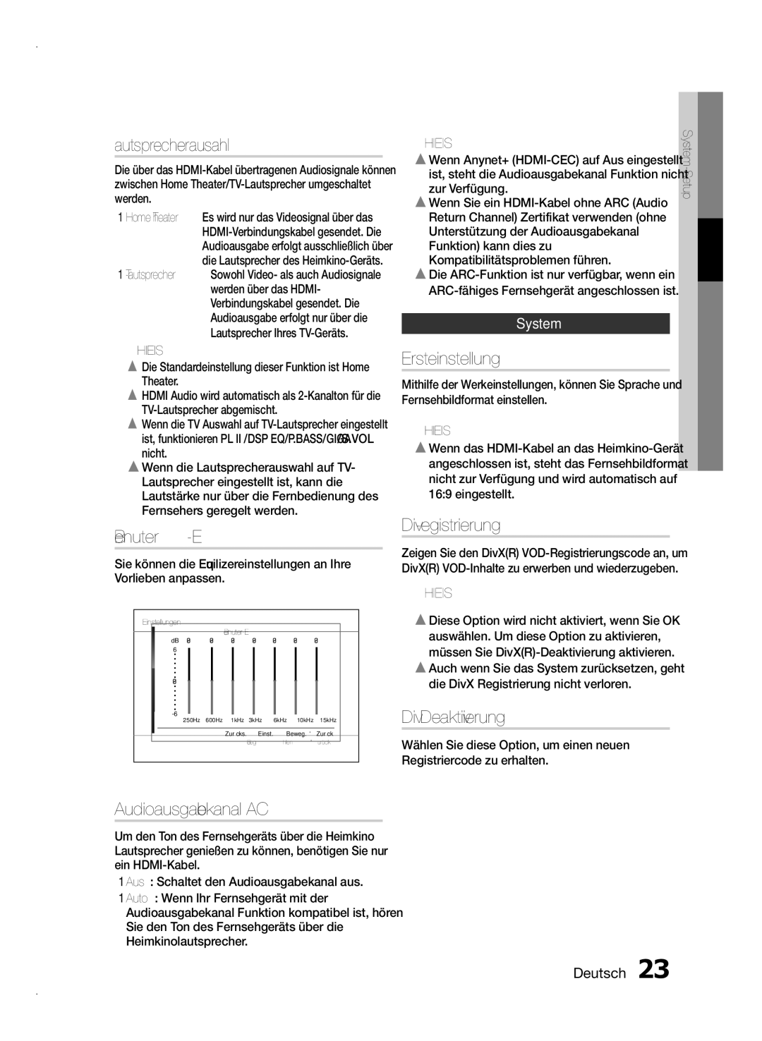 Samsung HT-E355/TK, HT-E355/EN Lautsprecherauswahl, Benutzer-EQ, Ersteinstellung, DivXR-Registrierung, DivXR Deaktivierung 