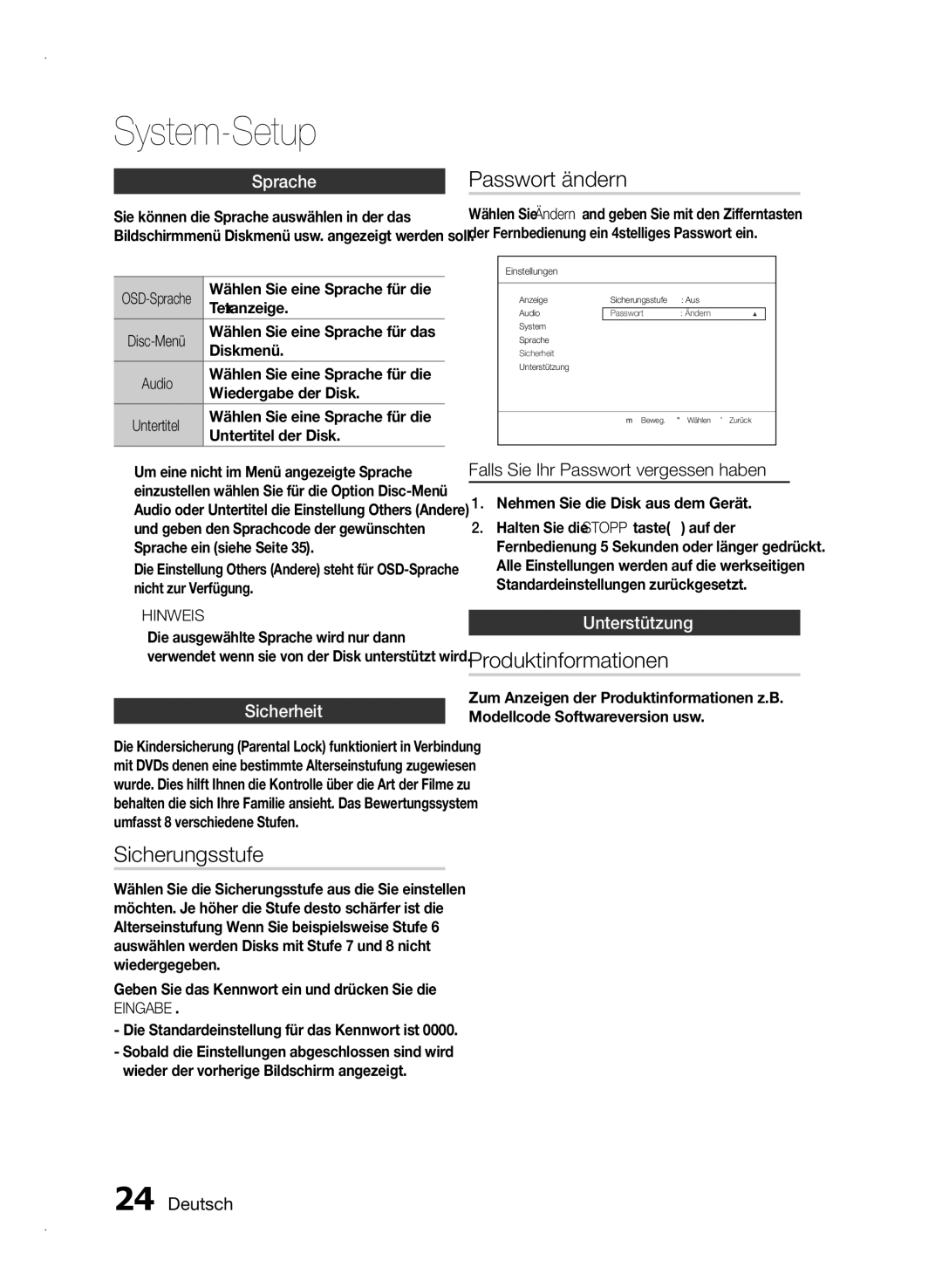 Samsung HT-E350/EN, HT-E355/EN, HT-E350/XN, HT-E350/TK, HT-E355/TK Sicherungsstufe, Passwort ändern, Produktinformationen 