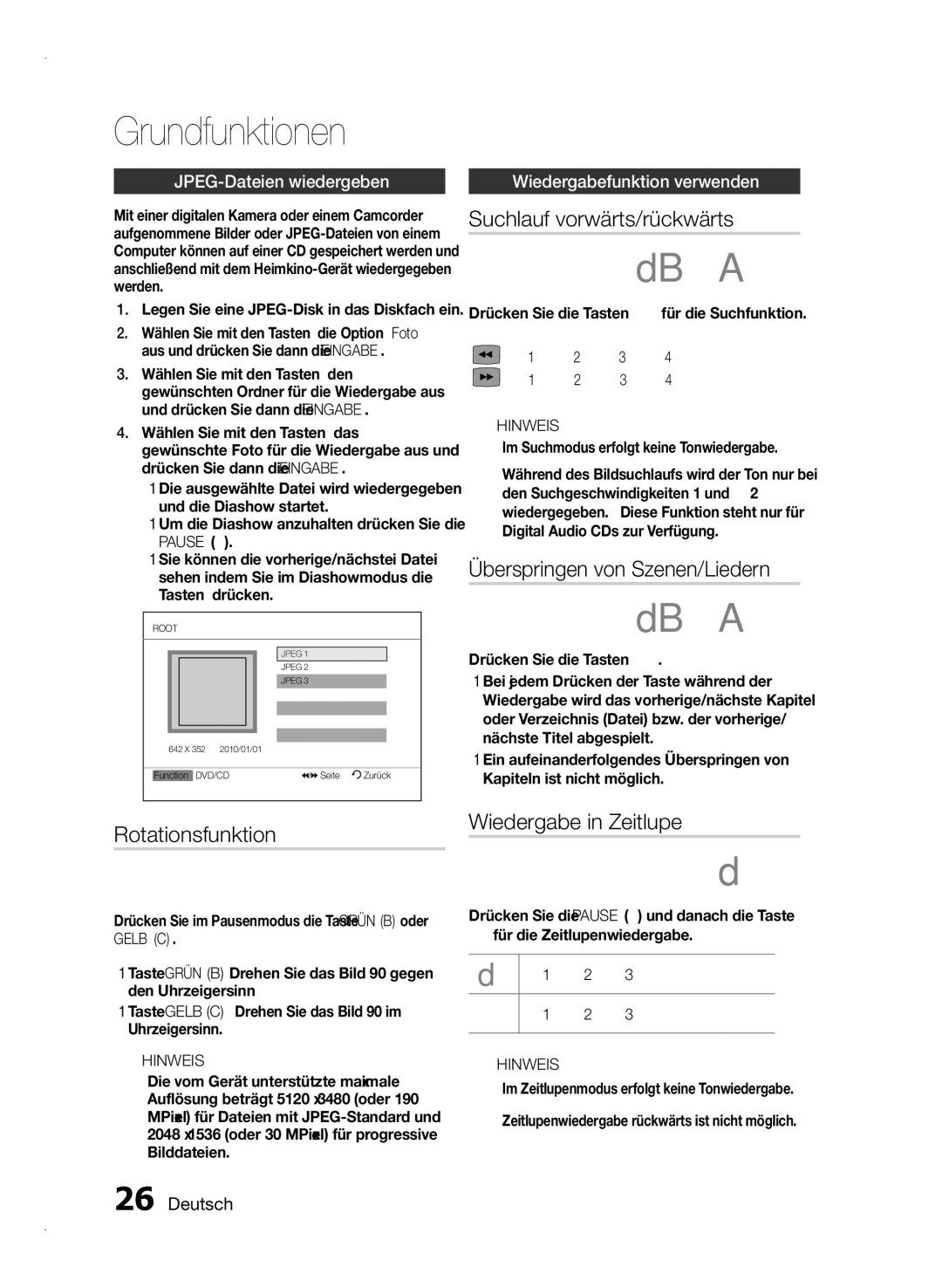 Samsung HT-E355/EN manual Grundfunktionen, Suchlauf vorwärts/rückwärts, Überspringen von Szenen/Liedern, Rotationsfunktion 