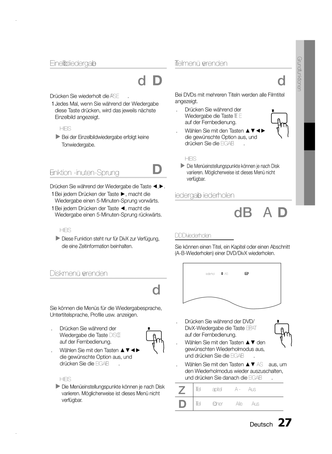 Samsung HT-E350/XN, HT-E355/EN Einzelbildwiedergabe, Funktion 5-Minuten-Sprung D, Diskmenü verwenden, Titelmenü verwenden 