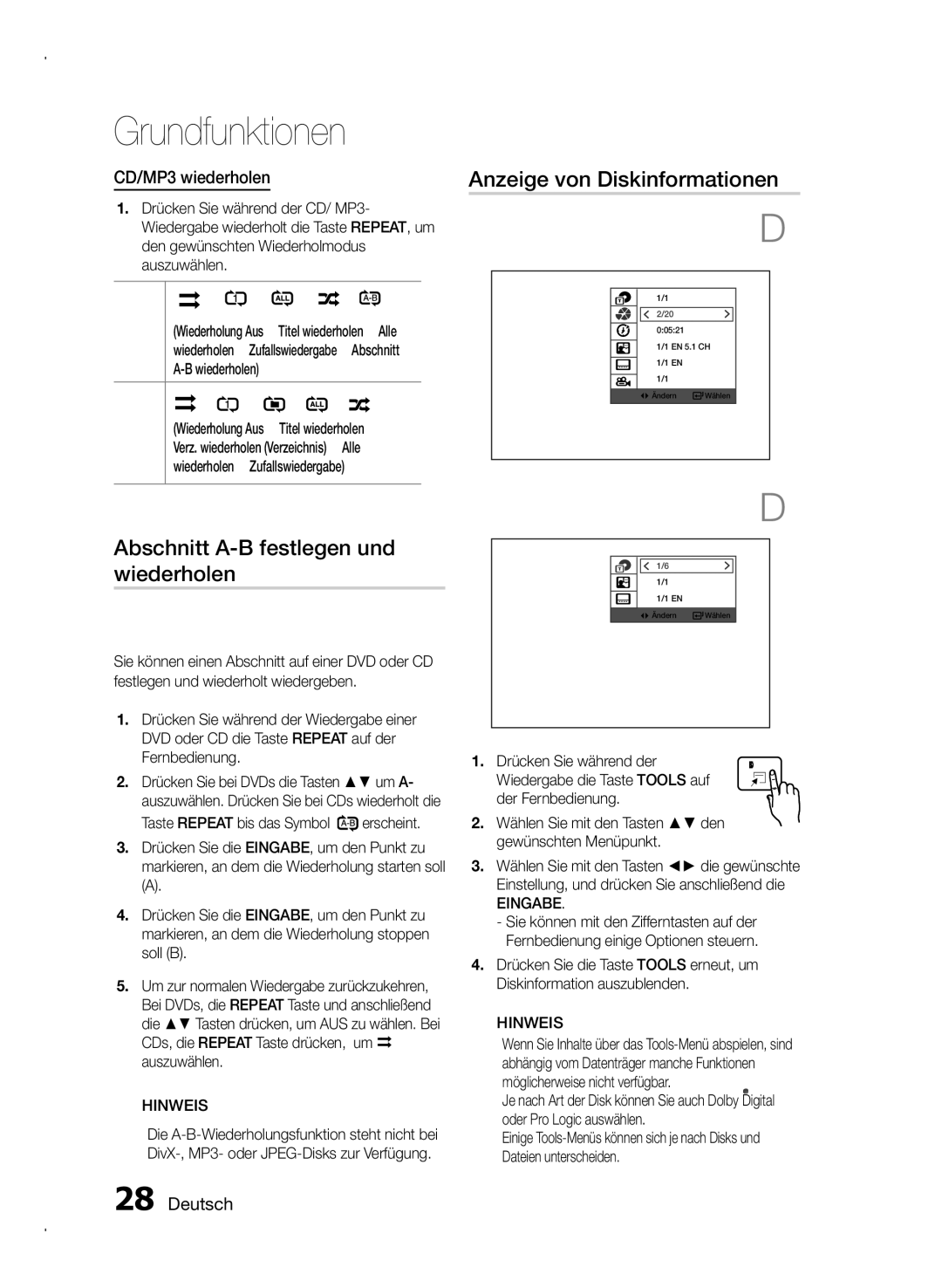 Samsung HT-E350/TK, HT-E355/EN Abschnitt A-B festlegen und wiederholen, Anzeige von Diskinformationen, CD/MP3 wiederholen 