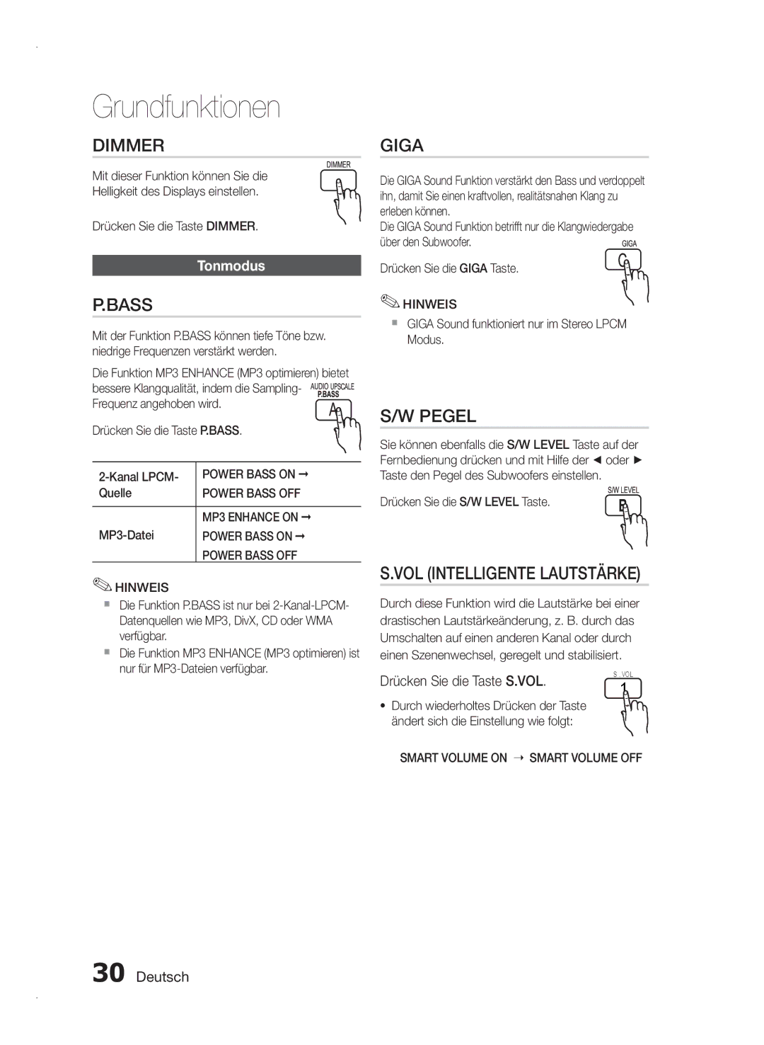 Samsung HT-E350/EN, HT-E355/EN, HT-E350/XN, HT-E350/TK, HT-E355/TK, HT-E350/ZF manual Tonmodus, Drücken Sie die Taste S.VOL 