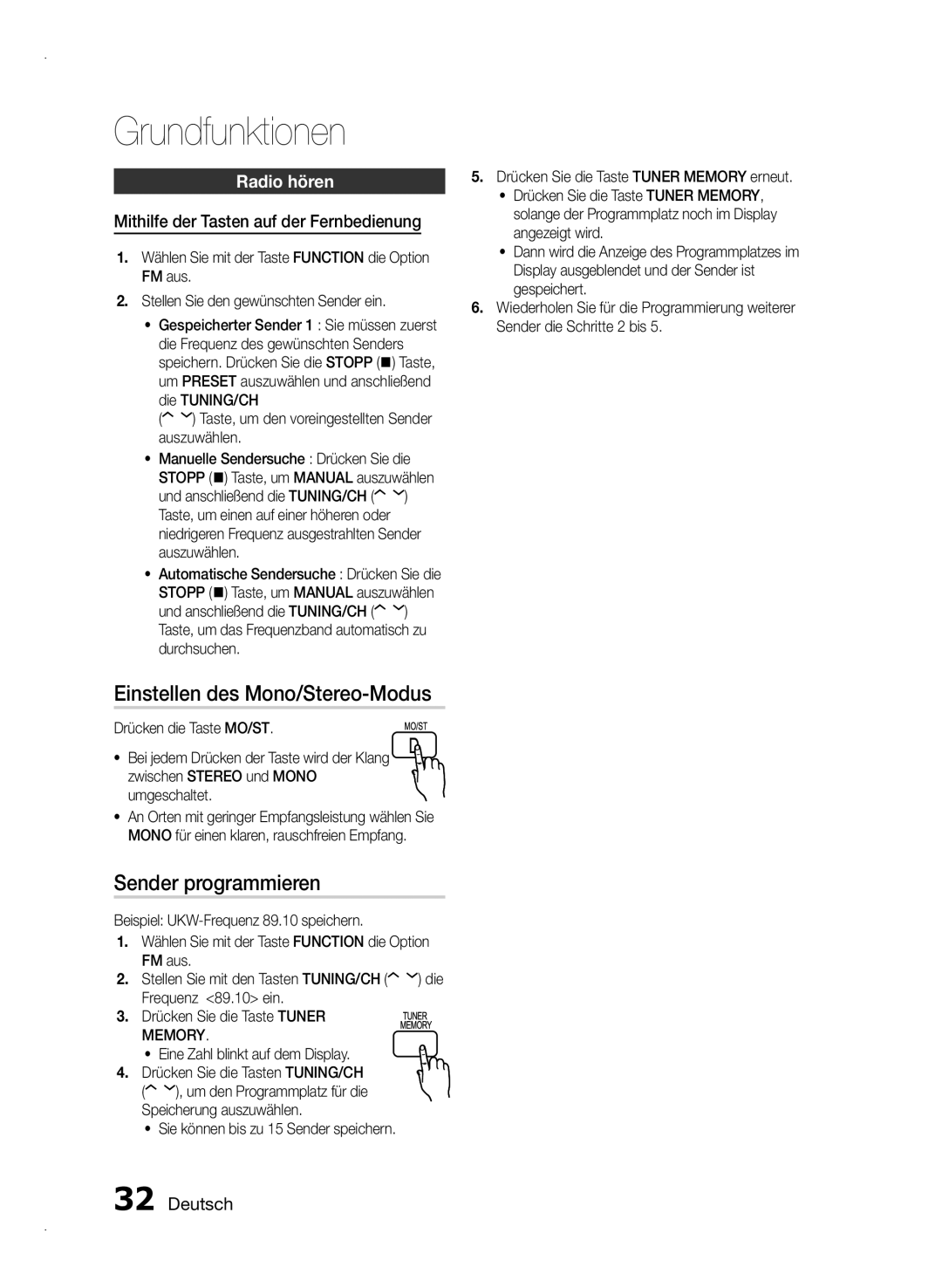 Samsung HT-E355/EN, HT-E350/XN, HT-E350/TK manual Einstellen des Mono/Stereo-Modus, Sender programmieren, Radio hören, Memory 