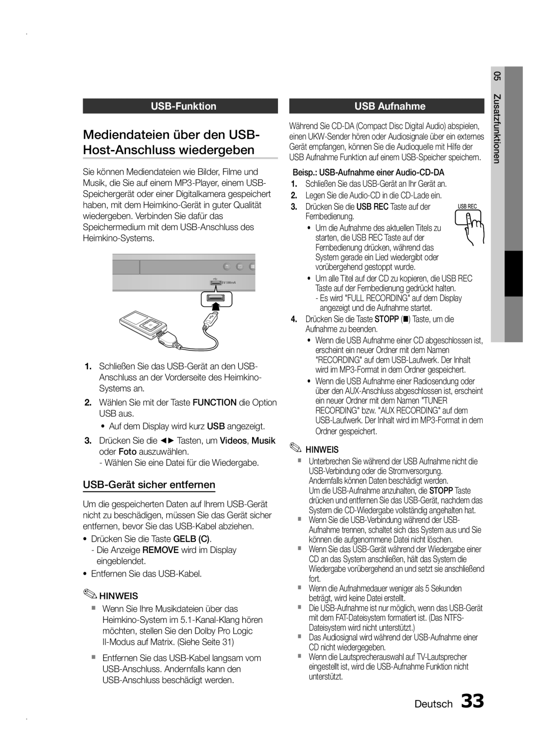 Samsung HT-E350/XN, HT-E355/EN manual Mediendateien über den USB, Host-Anschluss wiedergeben, USB-Funktion USB Aufnahme 