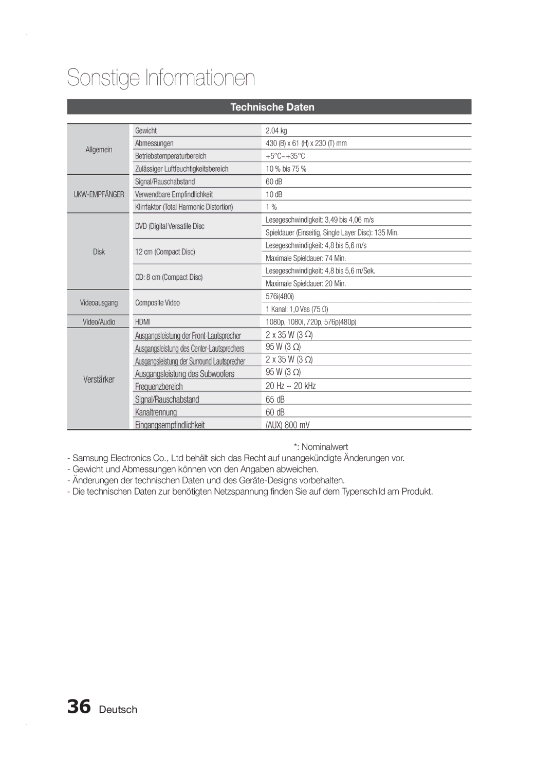 Samsung HT-E350/EN, HT-E355/EN, HT-E350/XN, HT-E350/TK, HT-E355/TK manual Technische Daten, Verstärker, 35 W 3 Ω, 95 W 3 Ω 