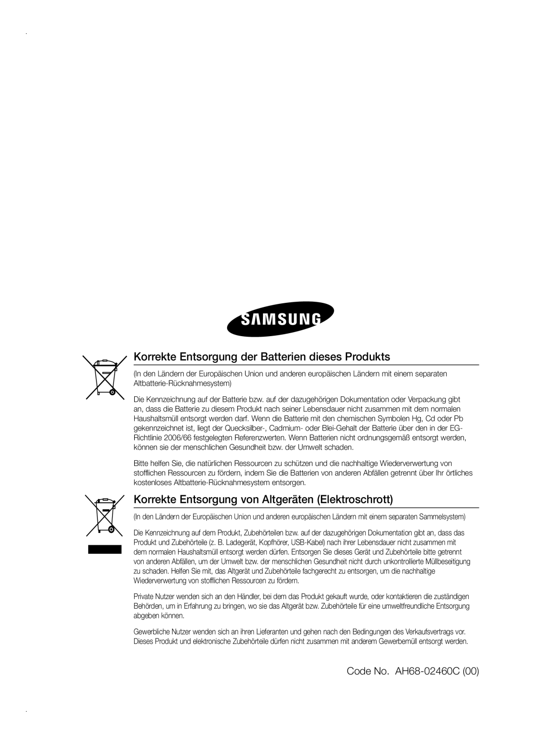 Samsung HT-E355/TK Korrekte Entsorgung der Batterien dieses Produkts, Korrekte Entsorgung von Altgeräten Elektroschrott 