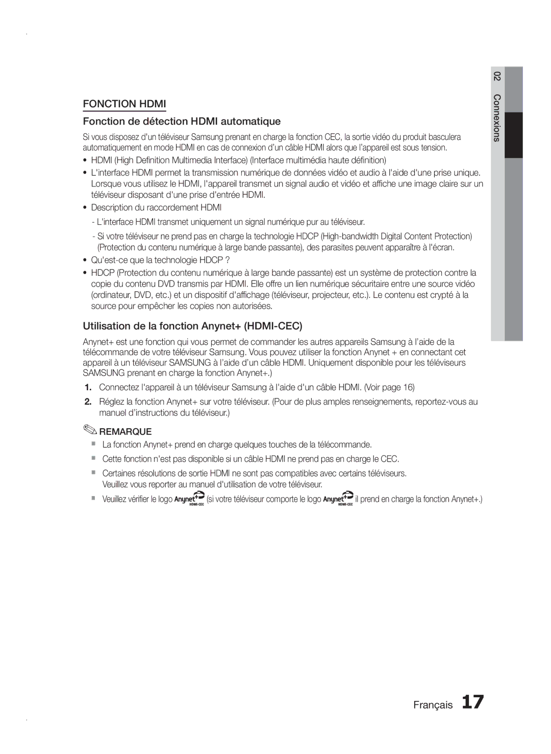 Samsung HT-E350/ZF manual Fonction de détection Hdmi automatique, Utilisation de la fonction Anynet+ HDMI-CEC, Connexions 