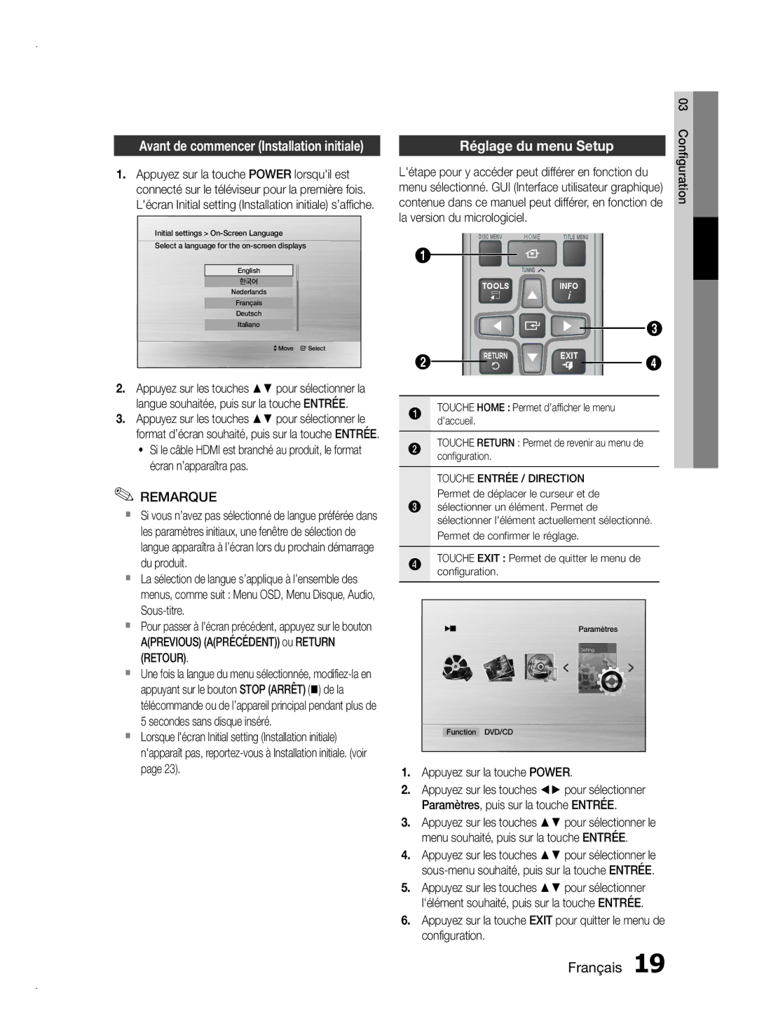 Samsung HT-E350/XN Réglage du menu Setup, Appuyez sur la touche Power, Létape pour y accéder peut différer en fonction du 