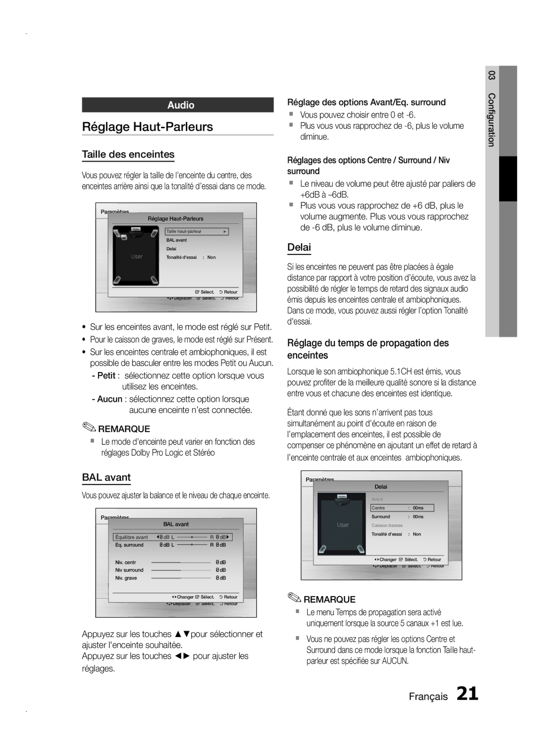 Samsung HT-E355/TK, HT-E355/EN, HT-E350/XN, HT-E350/TK, HT-E350/EN, HT-E350/ZF manual Réglage Haut-Parleurs, Audio 