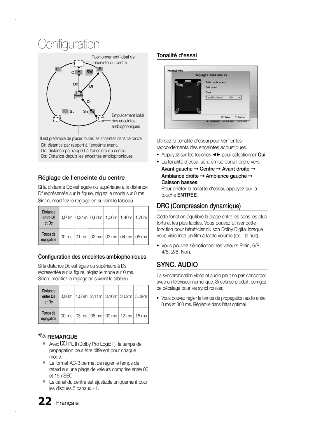 Samsung HT-E350/EN, HT-E355/EN, HT-E350/XN manual DRC Compression dynamique, Réglage de lenceinte du centre, Tonalité dessai 