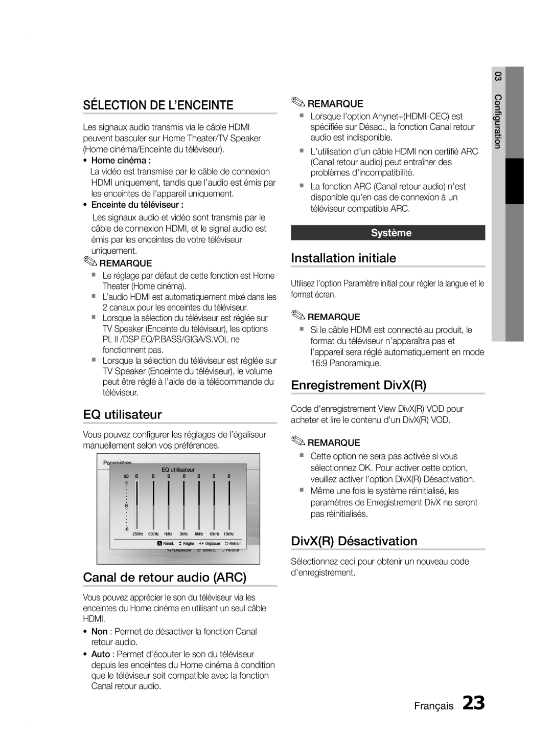 Samsung HT-E350/ZF, HT-E355/EN manual EQ utilisateur, Canal de retour audio ARC, Installation initiale, Enregistrement DivXR 