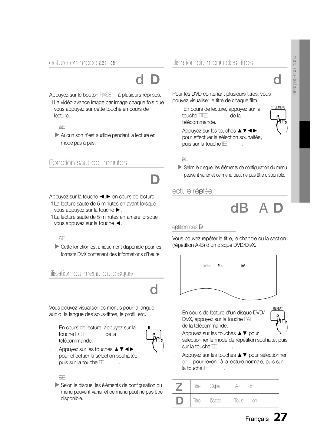 Samsung HT-E355/TK Lecture en mode pas à pas, Fonction saut de 5 minutes, Utilisation du menu des titres, Lecture répétée 