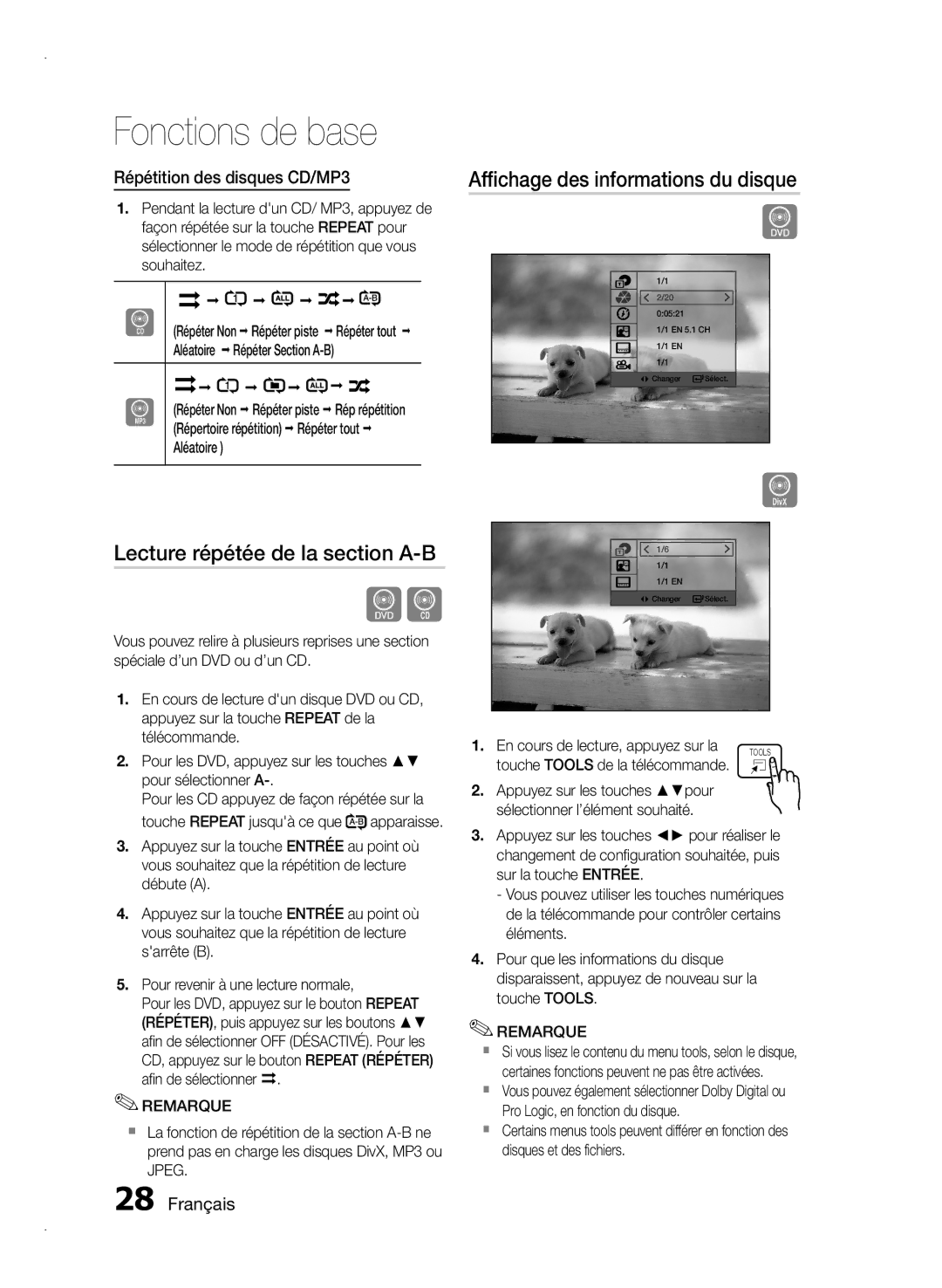 Samsung HT-E350/EN Lecture répétée de la section A-B, Affichage des informations du disque, Répétition des disques CD/MP3 