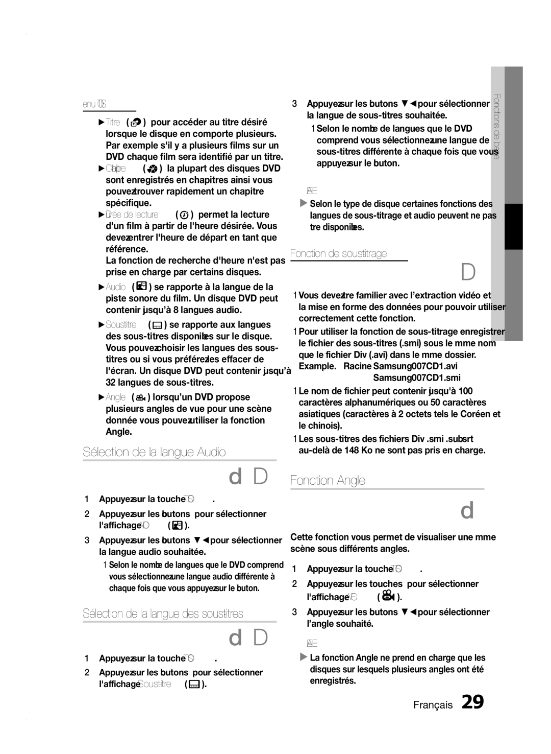 Samsung HT-E350/ZF, HT-E355/EN manual Sélection de la langue Audio, Fonction Angle, Fonction de sous-titrage, Menu Outils 