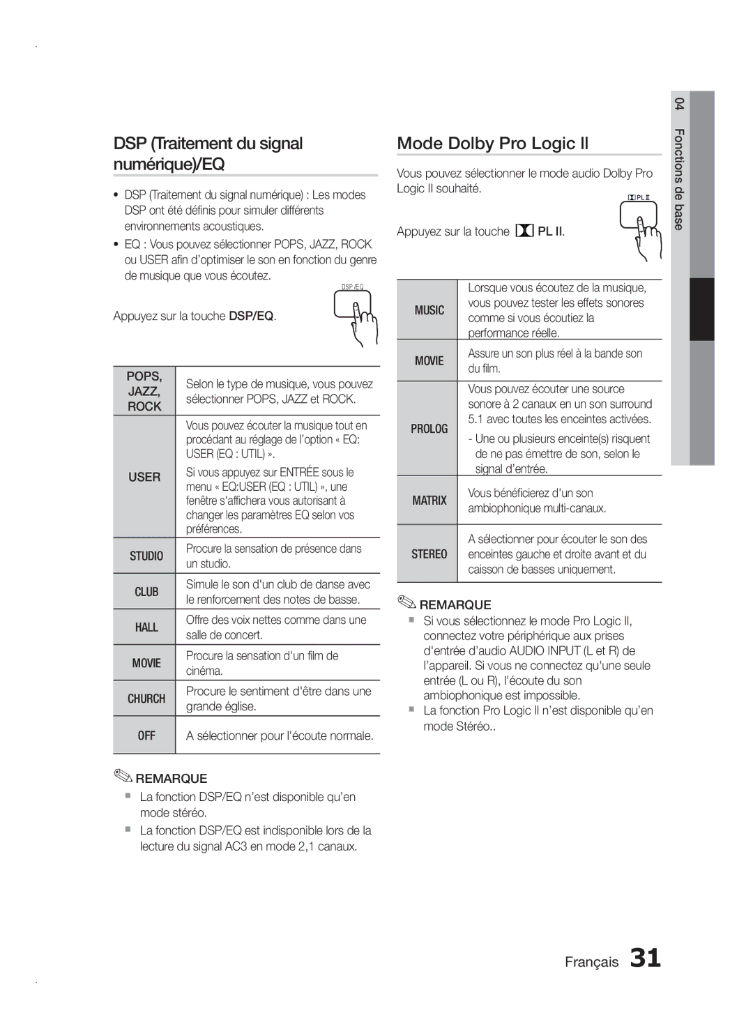 Samsung HT-E350/XN, HT-E355/EN, HT-E350/TK, HT-E355/TK manual DSP Traitement du signal numérique/EQ, Mode Dolby Pro Logic ll 