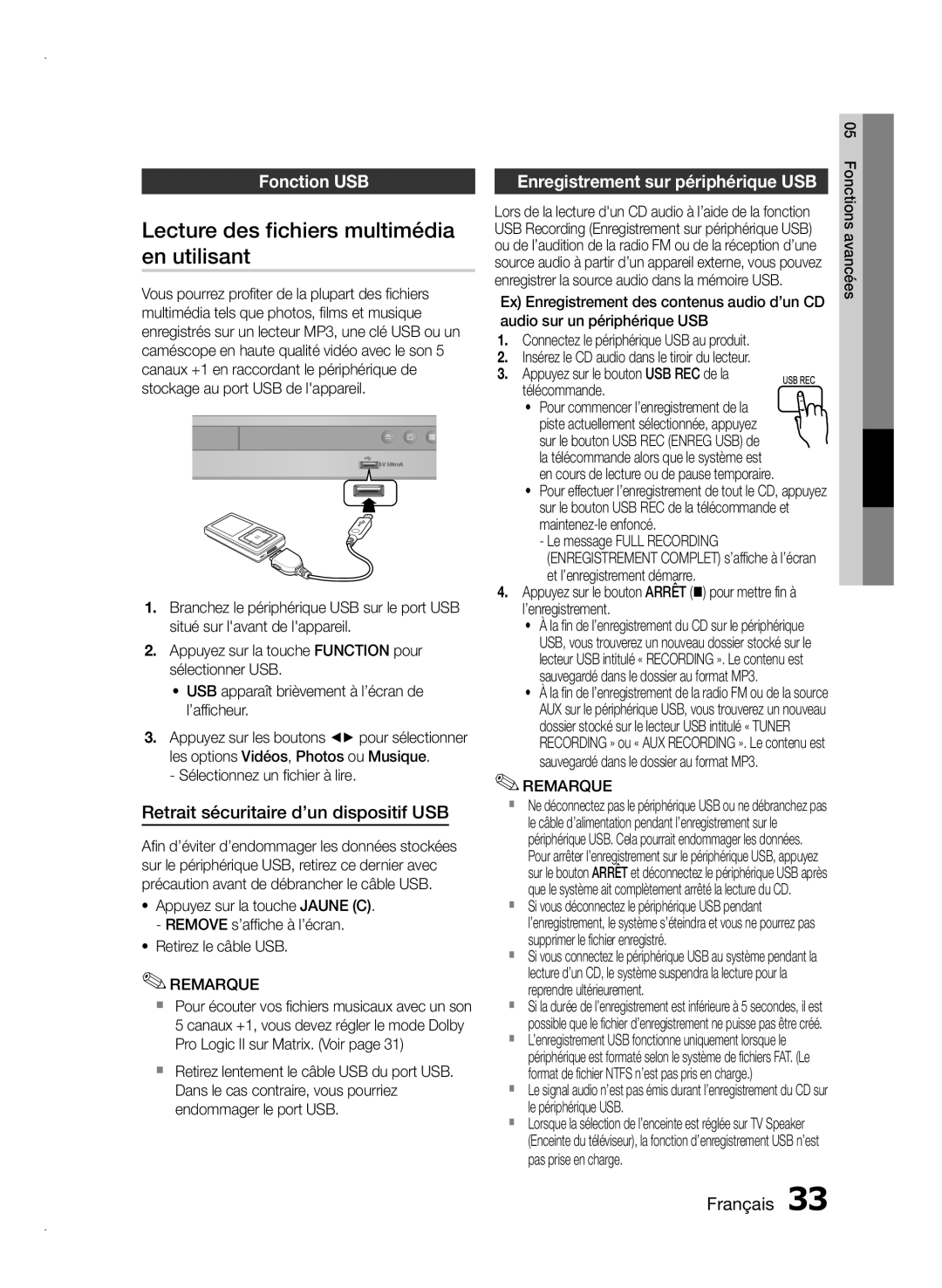 Samsung HT-E355/TK Lecture des fichiers multimédia, En utilisant, Fonction USB, Retrait sécuritaire d’un dispositif USB 