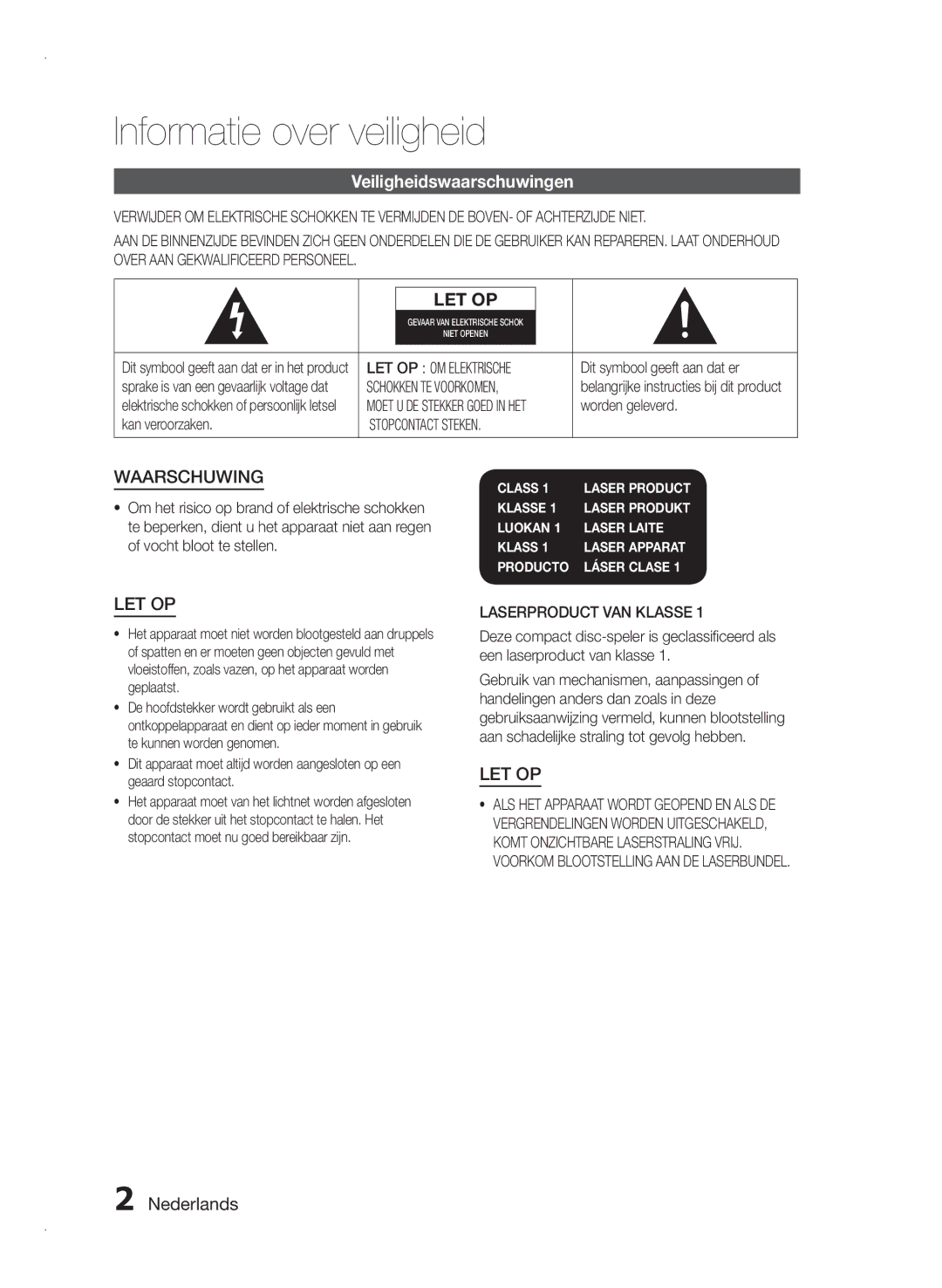 Samsung HT-E350/XN, HT-E355/EN, HT-E350/TK, HT-E355/TK Informatie over veiligheid, Veiligheidswaarschuwingen, Nederlands 