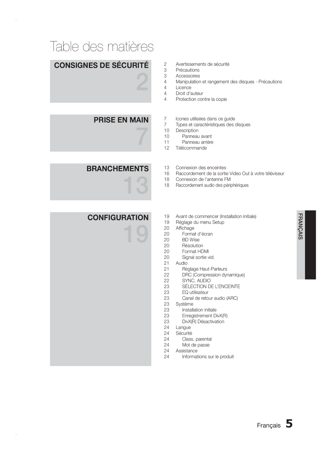 Samsung HT-E350/ZF, HT-E355/EN, HT-E350/XN, HT-E350/TK, HT-E355/TK, HT-E350/EN manual Table des matières, BD Wise 