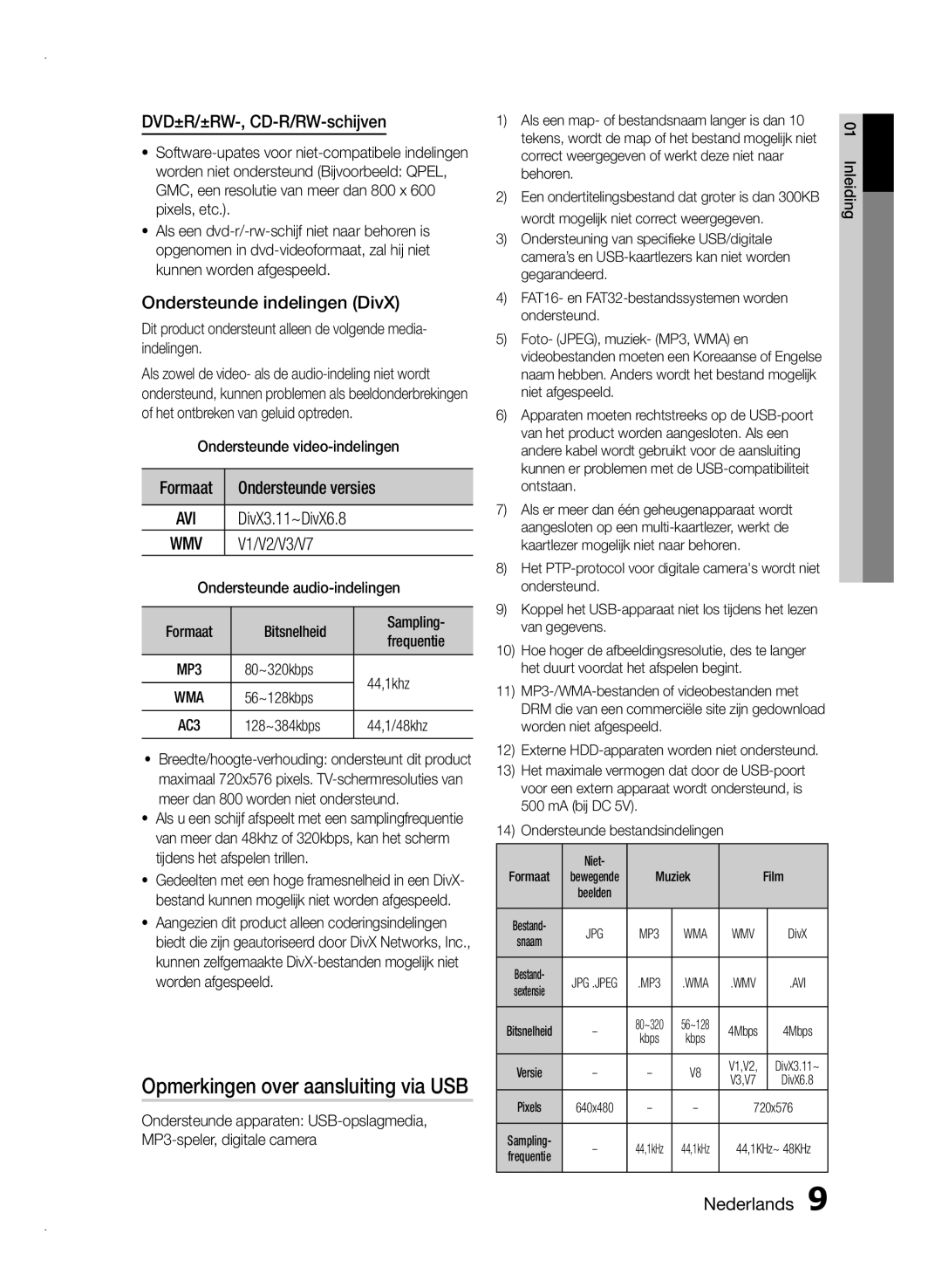 Samsung HT-E350/TK manual Opmerkingen over aansluiting via USB, DVD±R/±RW-, CD-R/RW-schijven, Ondersteunde indelingen DivX 