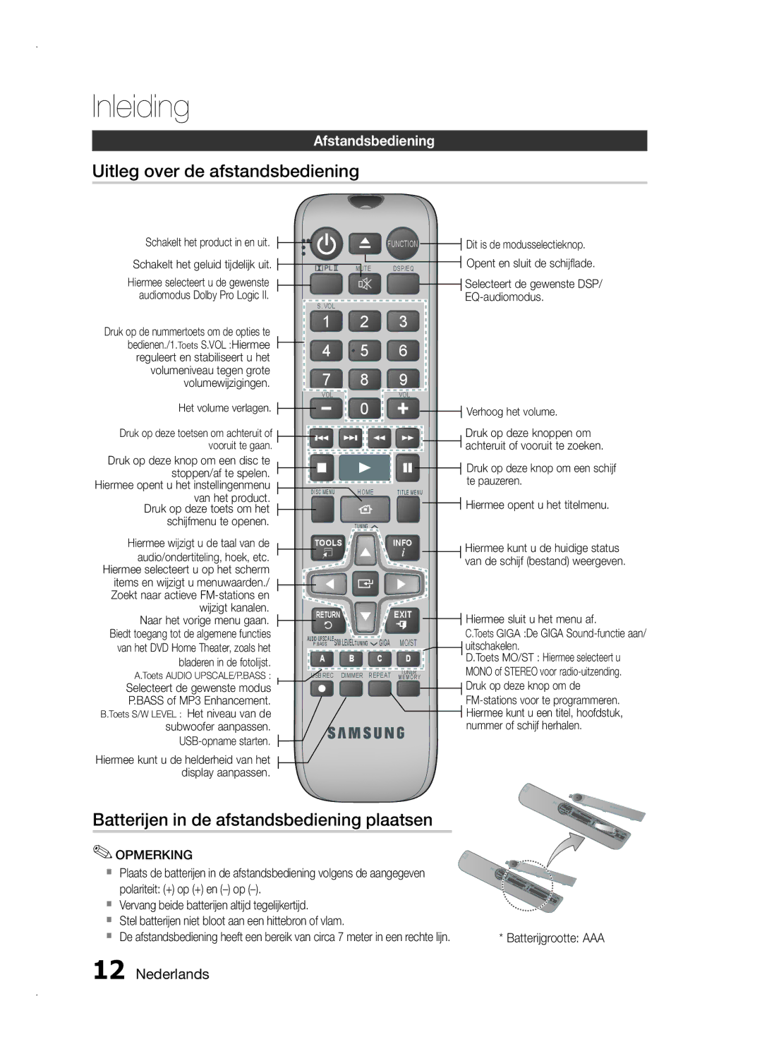 Samsung HT-E350/ZF manual Uitleg over de afstandsbediening, Batterijen in de afstandsbediening plaatsen, Afstandsbediening 