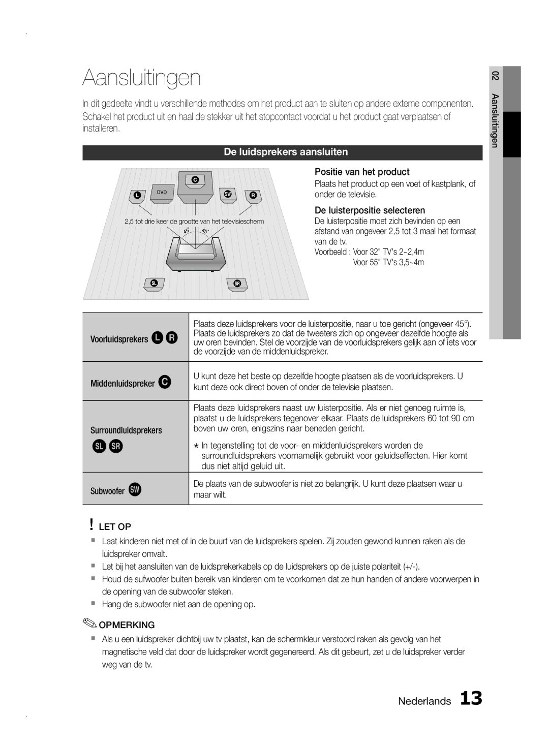 Samsung HT-E355/EN, HT-E350/XN, HT-E350/TK, HT-E355/TK, HT-E350/EN manual Aansluitingen, De luidsprekers aansluiten, Let Op 