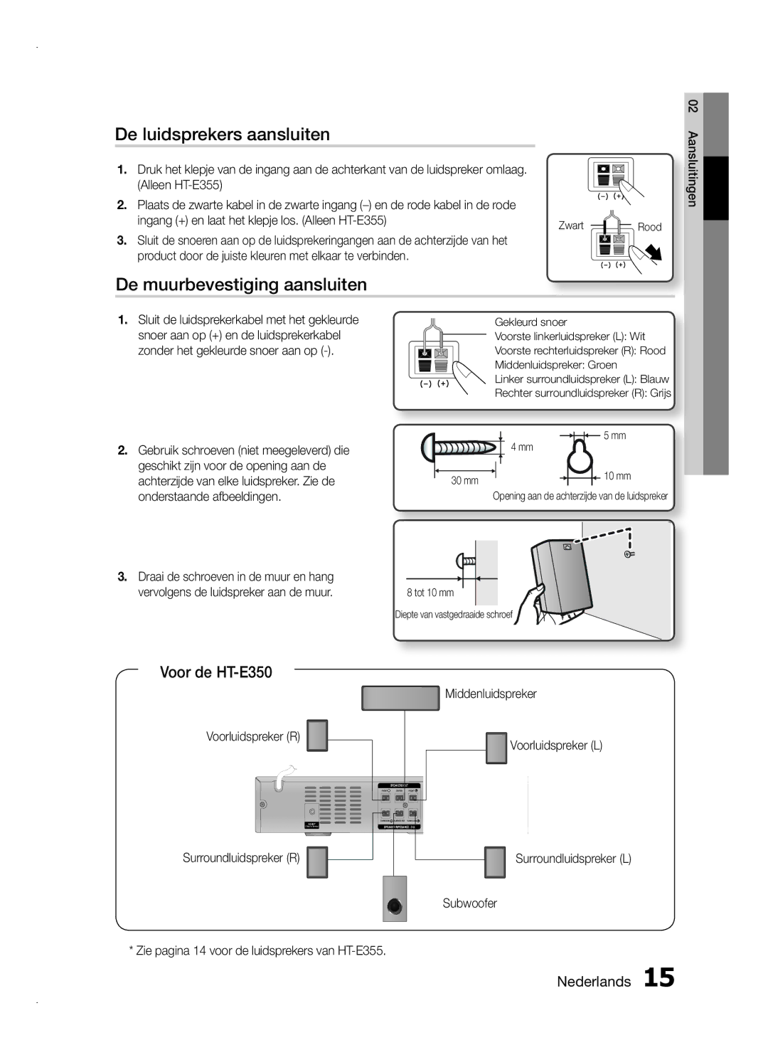 Samsung HT-E350/TK, HT-E355/EN, HT-E350/XN manual De luidsprekers aansluiten, De muurbevestiging aansluiten, Voor de HT-E350 