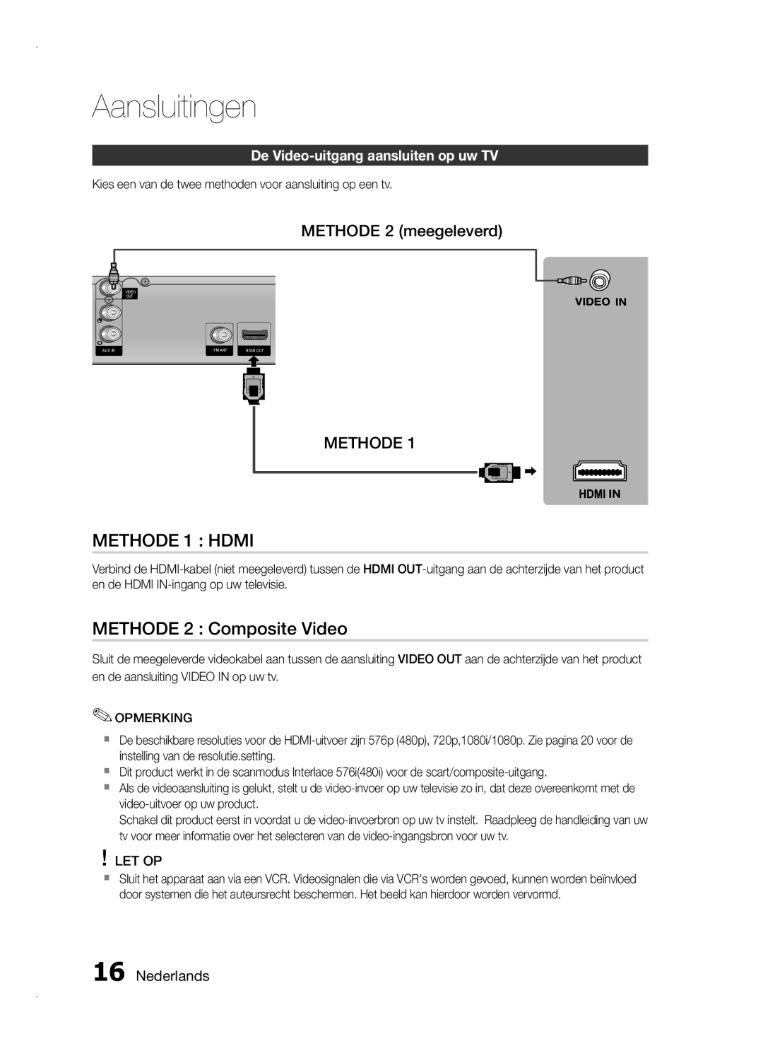 Samsung HT-E355/TK, HT-E355/EN manual Methode 2 Composite Video, Methode 2 meegeleverd, De Video-uitgang aansluiten op uw TV 