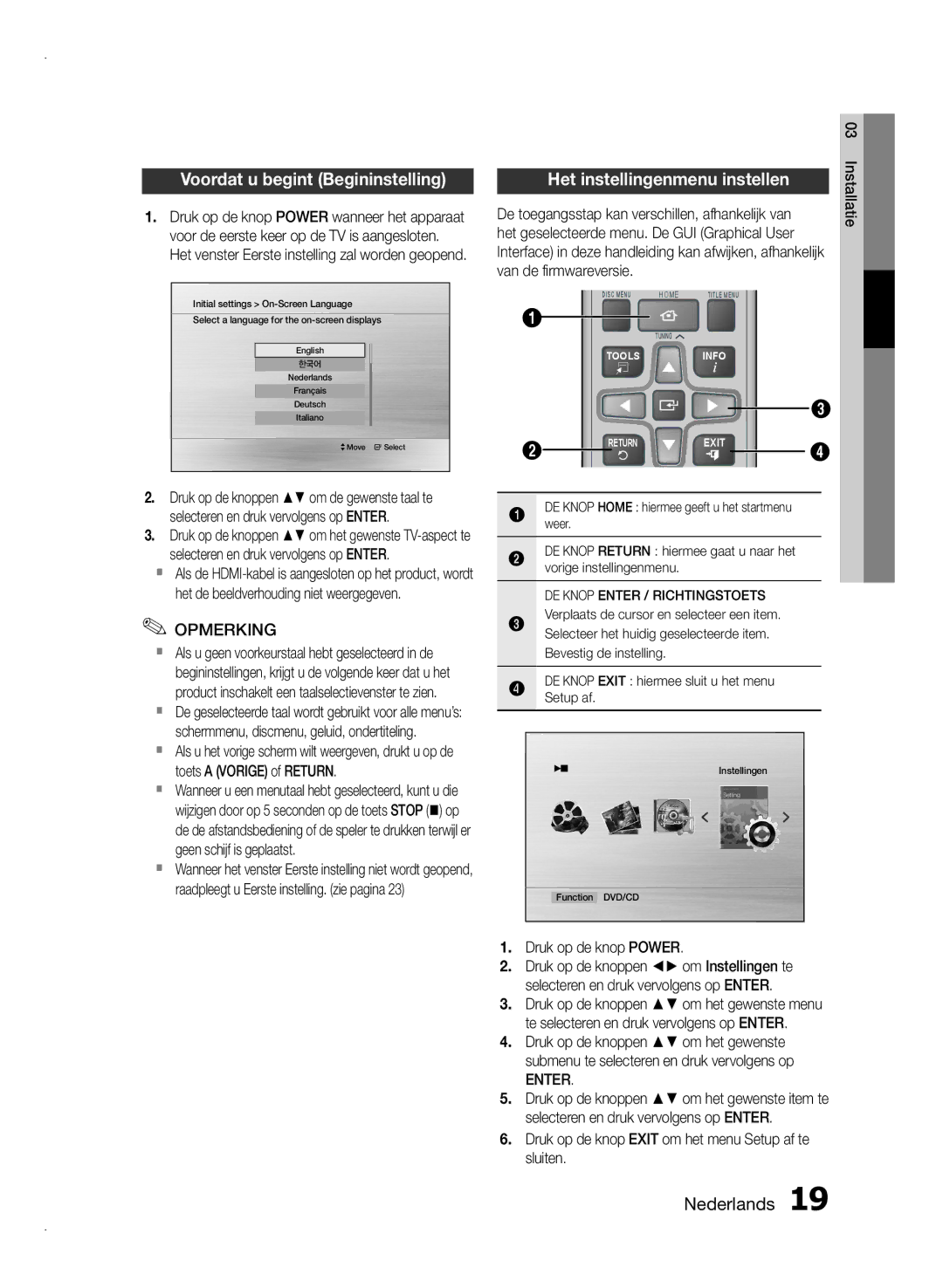 Samsung HT-E355/EN, HT-E350/XN manual Voordat u begint Begininstelling, Druk op de knop Power, Enter, Van de firmwareversie 