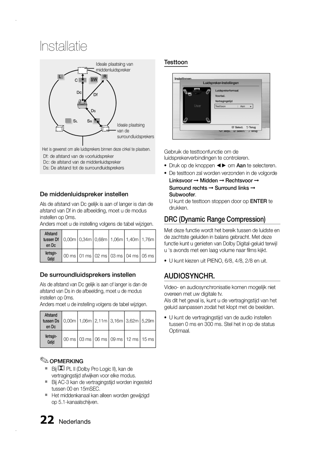 Samsung HT-E355/TK, HT-E355/EN, HT-E350/XN manual DRC Dynamic Range Compression, De middenluidspreker instellen, Testtoon 