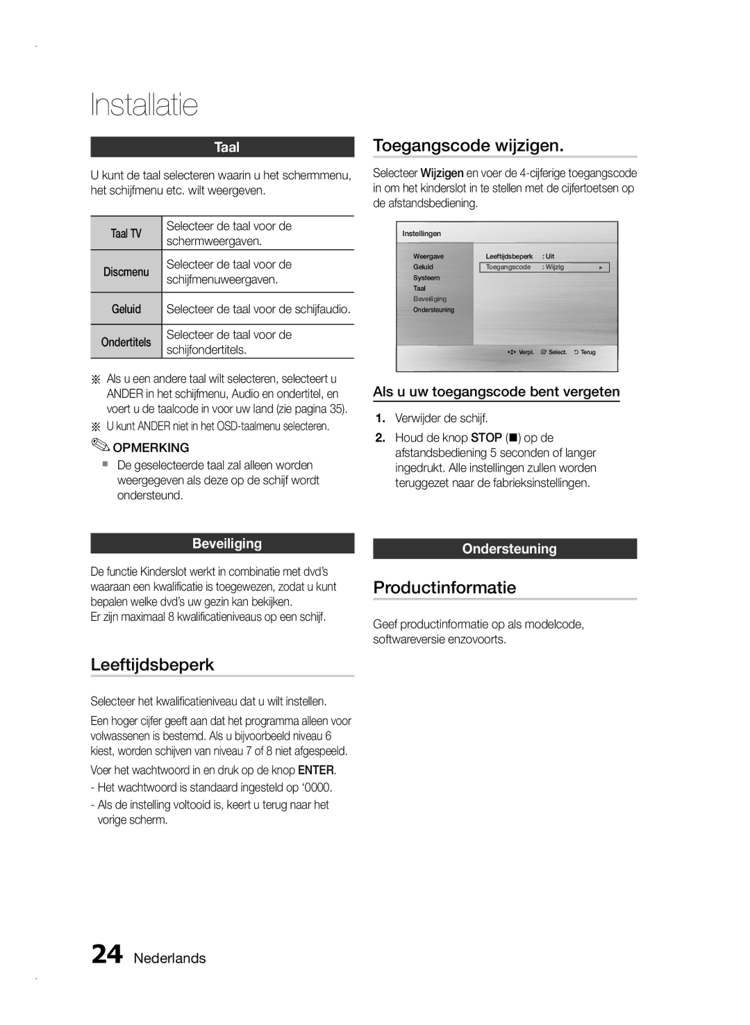 Samsung HT-E350/ZF, HT-E355/EN, HT-E350/XN, HT-E350/TK, HT-E355/TK Toegangscode wijzigen, Leeftijdsbeperk, Productinformatie 