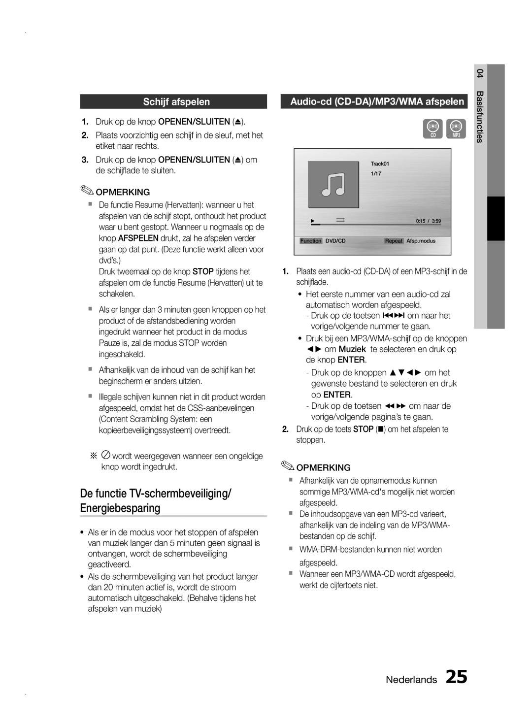 Samsung HT-E355/EN Schijf afspelen, De functie TV-schermbeveiliging/ Energiebesparing, Audio-cd CD-DA/MP3/WMA afspelen 