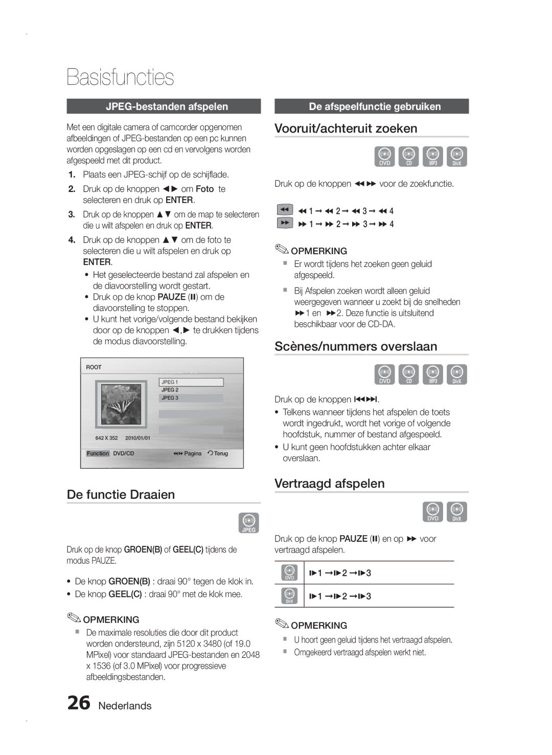 Samsung HT-E350/XN, HT-E355/EN manual Basisfuncties, Vooruit/achteruit zoeken, Scènes/nummers overslaan, De functie Draaien 