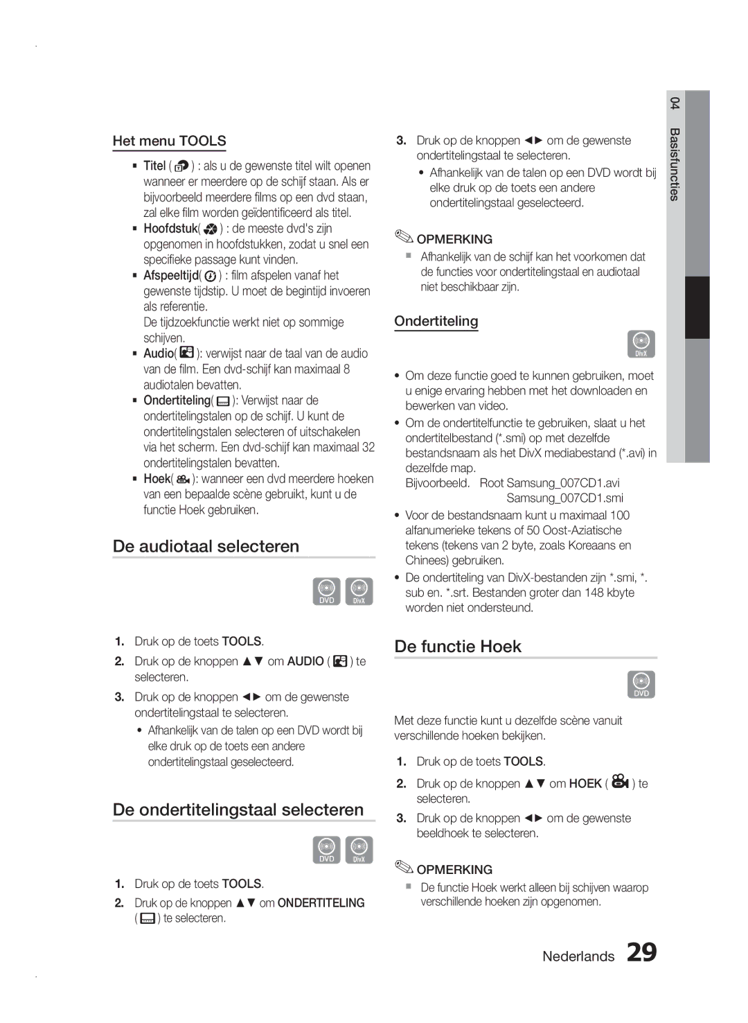 Samsung HT-E350/EN, HT-E355/EN De audiotaal selecteren, De ondertitelingstaal selecteren, De functie Hoek, Het menu Tools 