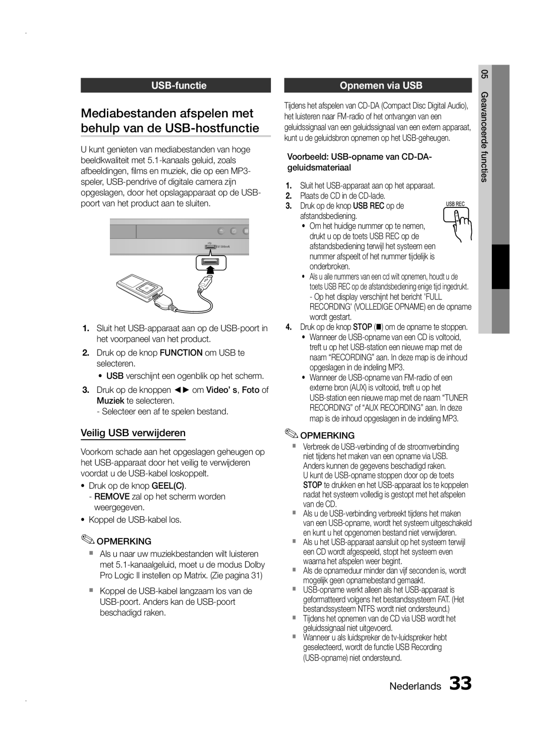 Samsung HT-E350/TK, HT-E355/EN Mediabestanden afspelen met, Behulp van de USB-hostfunctie, USB-functie Opnemen via USB 