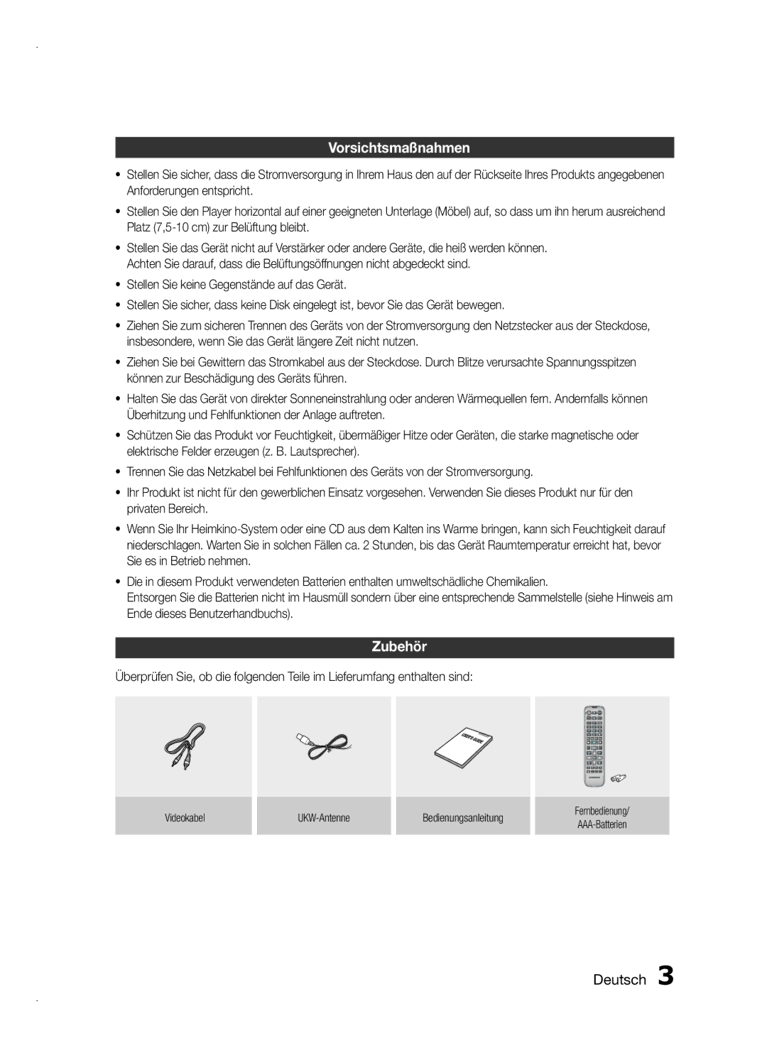 Samsung HT-E350/XN, HT-E355/EN, HT-E350/TK manual Vorsichtsmaßnahmen, Zubehör, Videokabel UKW-Antenne Bedienungsanleitung 