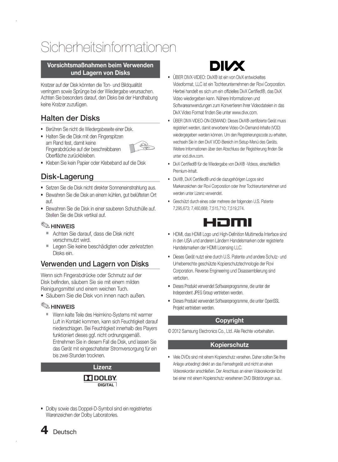 Samsung HT-E350/TK, HT-E355/EN, HT-E350/XN, HT-E355/TK manual Halten der Disks, Disk-Lagerung, Verwenden und Lagern von Disks 