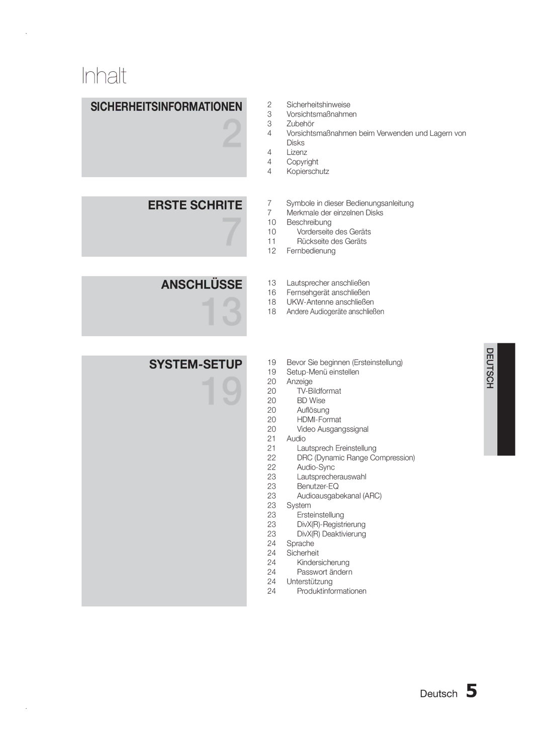 Samsung HT-E355/TK, HT-E355/EN, HT-E350/XN, HT-E350/TK, HT-E350/EN, HT-E350/ZF manual Inhalt, Auflösung 