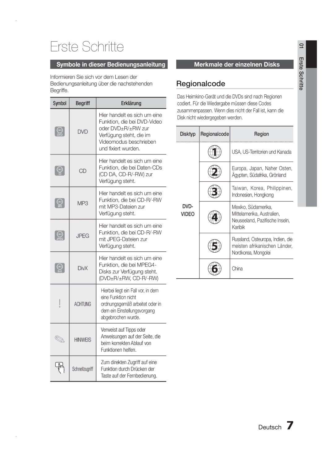 Samsung HT-E350/ZF manual Erste Schritte, Regionalcode, Symbole in dieser Bedienungsanleitung, Merkmale der einzelnen Disks 