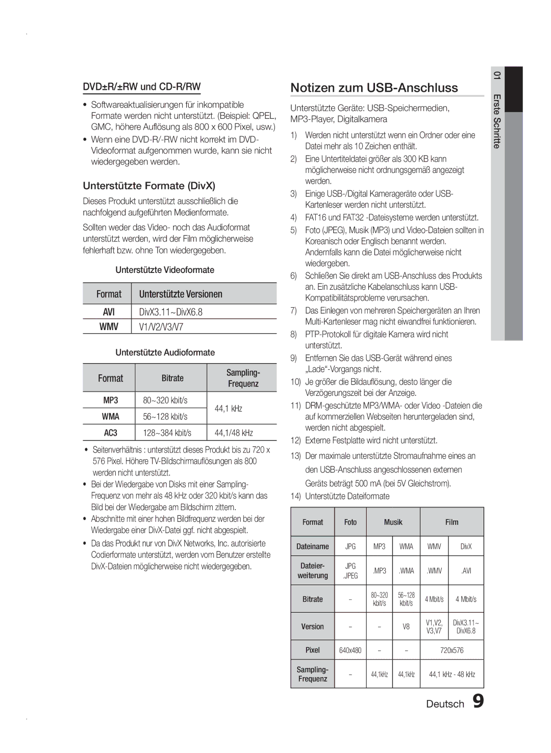 Samsung HT-E350/XN, HT-E355/EN, HT-E350/TK manual Notizen zum USB-Anschluss, DVD±R/±RW und CD-R/RW, Unterstützte Formate DivX 