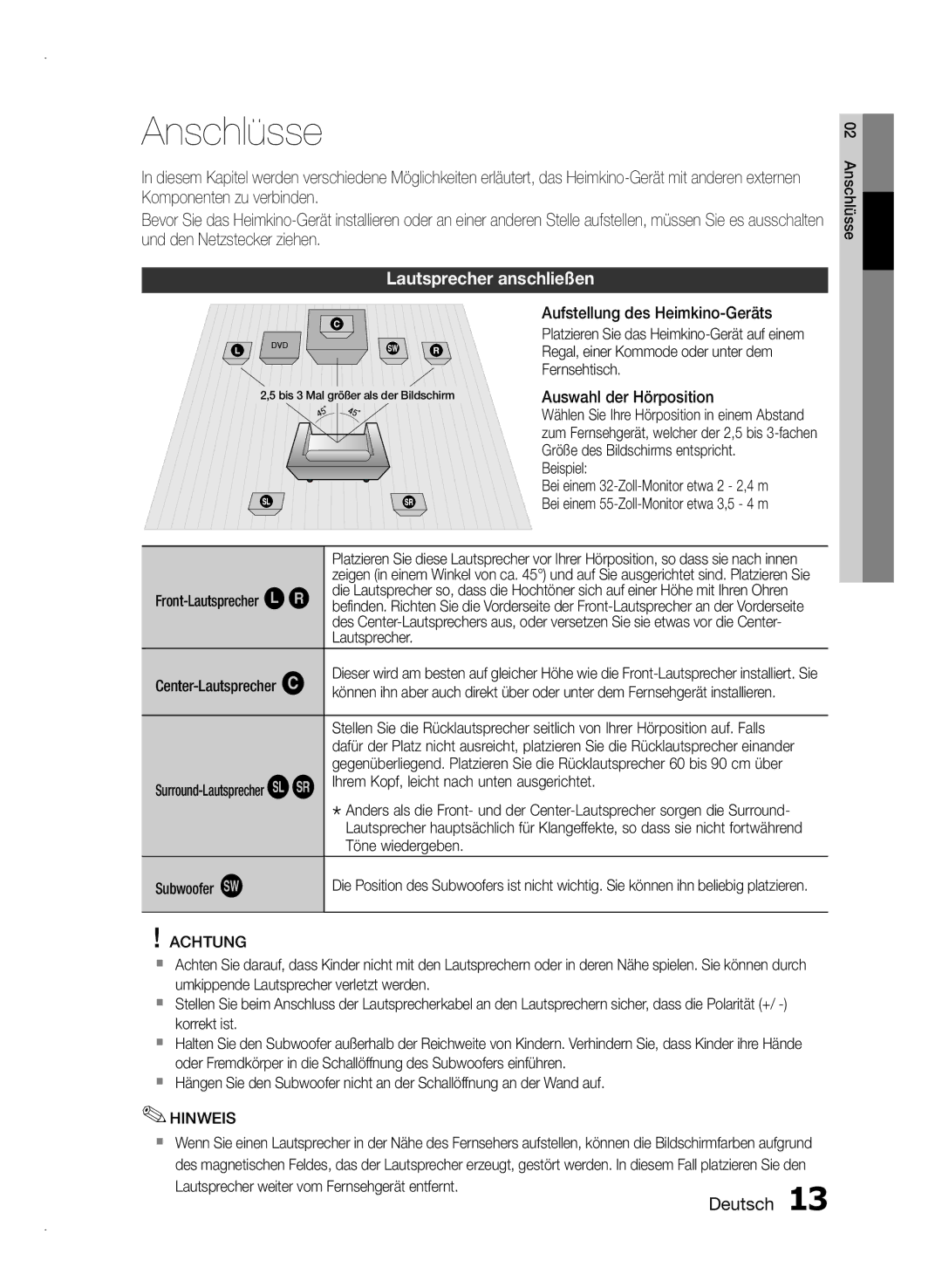 Samsung HT-E350/ZF, HT-E355/EN, HT-E350/XN, HT-E350/TK, HT-E355/TK, HT-E350/EN Anschlüsse, Lautsprecher anschließen, Achtung 