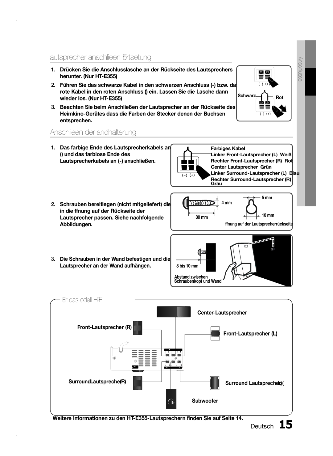 Samsung HT-E350/XN, HT-E355/EN Lautsprecher anschließen Fortsetzung, Anschließen der Wandhalterung, Für das Modell HT-E350 