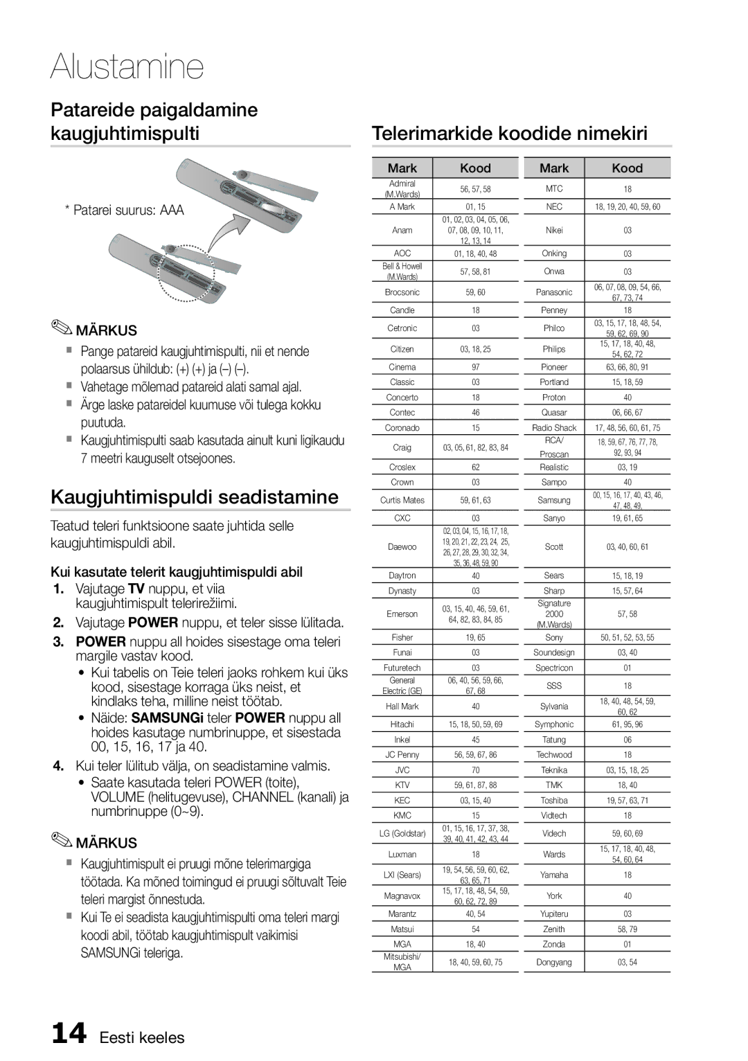 Samsung HT-E355K/RU manual Kaugjuhtimispuldi seadistamine, Patarei suurus AAA 