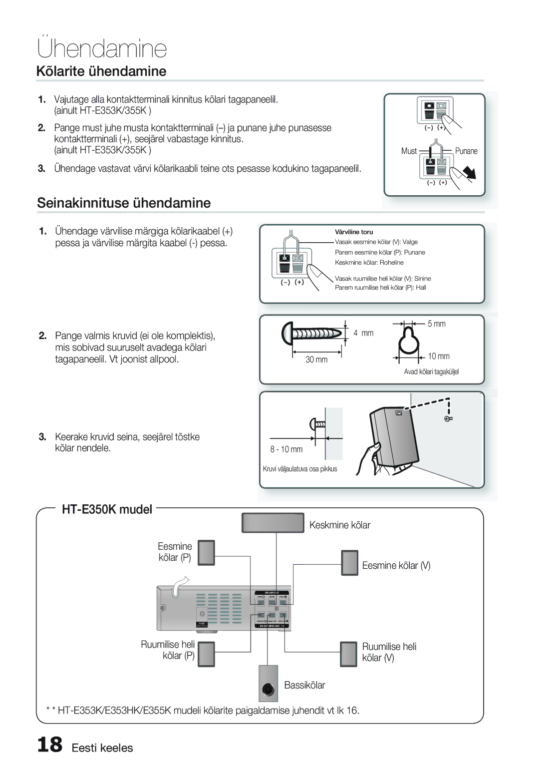 Samsung HT-E355K/RU manual Ühendamine, Kõlarite ühendamine, Seinakinnituse ühendamine, Eesmine kõlar 