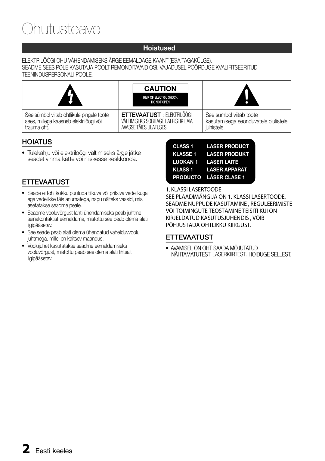 Samsung HT-E355K/RU manual Ohutusteave, Hoiatused, Eesti keeles 