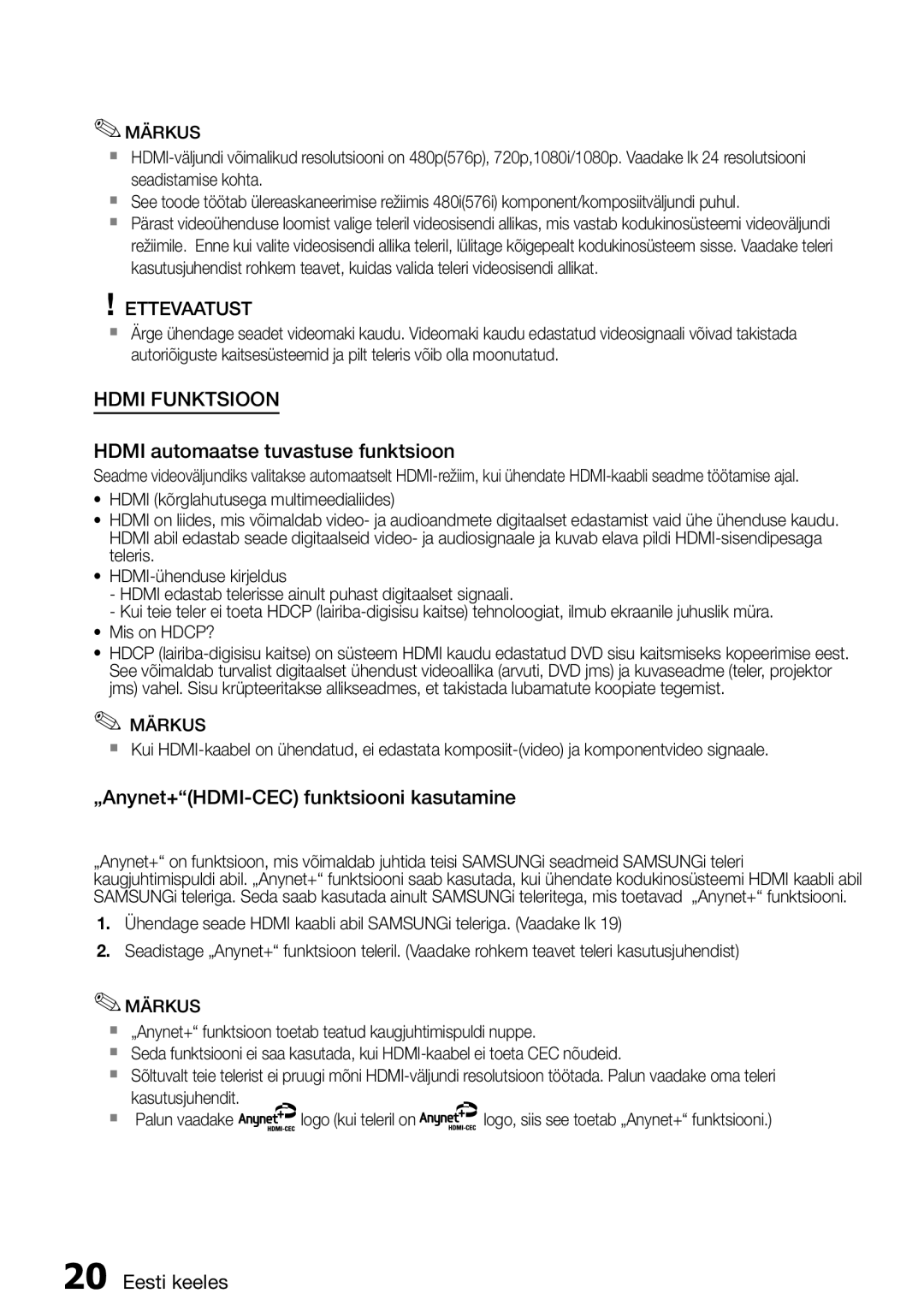 Samsung HT-E355K/RU manual Hdmi automaatse tuvastuse funktsioon, „Anynet+HDMI-CEC funktsiooni kasutamine 